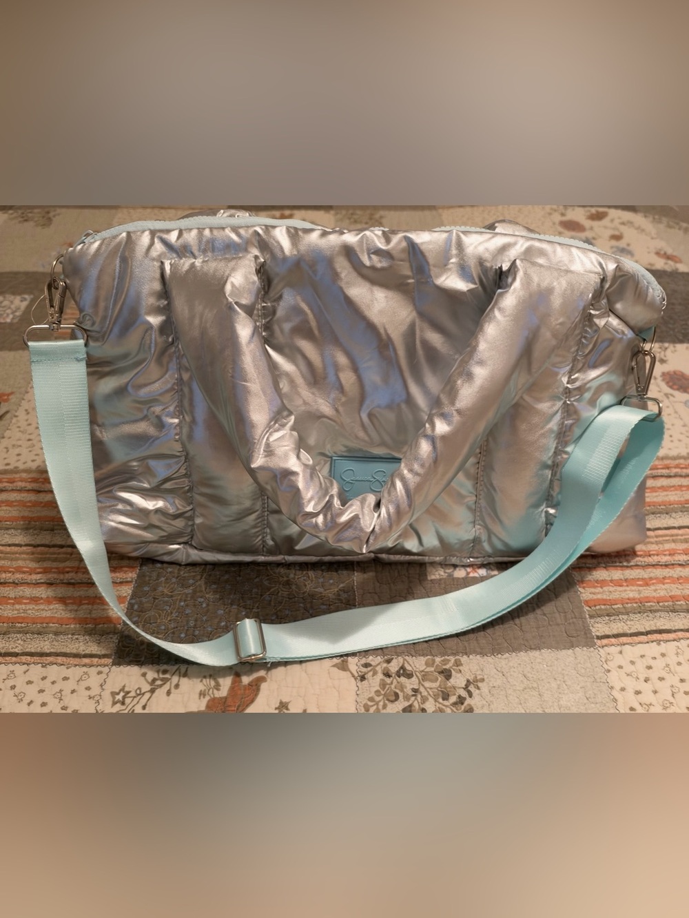 Jessica Simpson Iridescent Silver Puffer Tote with Mint Strap